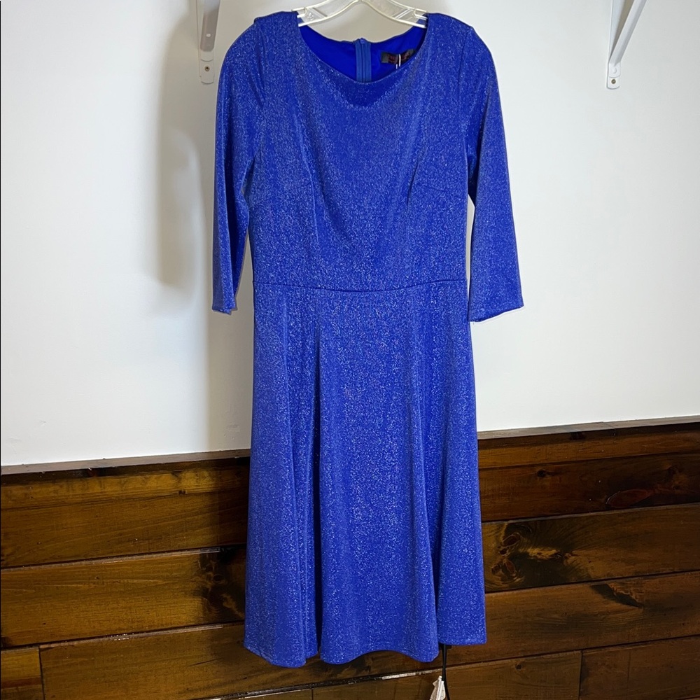 NWT Dress Tells Elegant Blue &‎ Silver Shimmer Women's Midi Dress- L